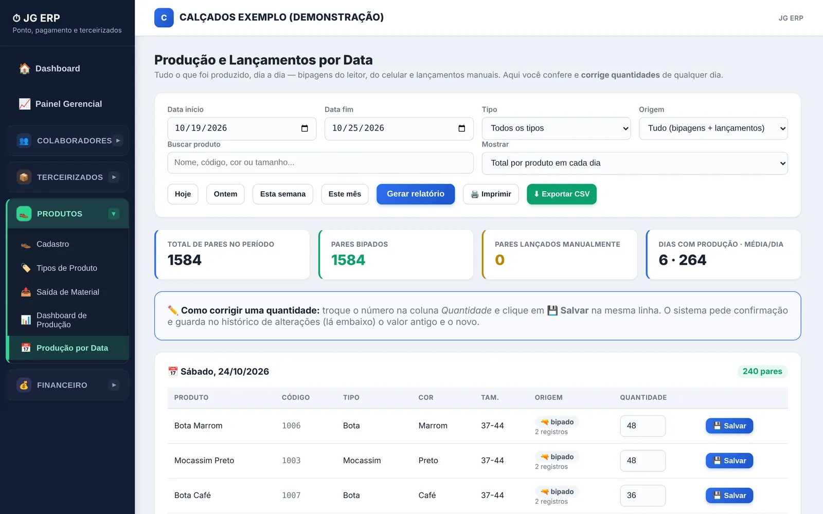 Produção por data, produto, cor e numeração