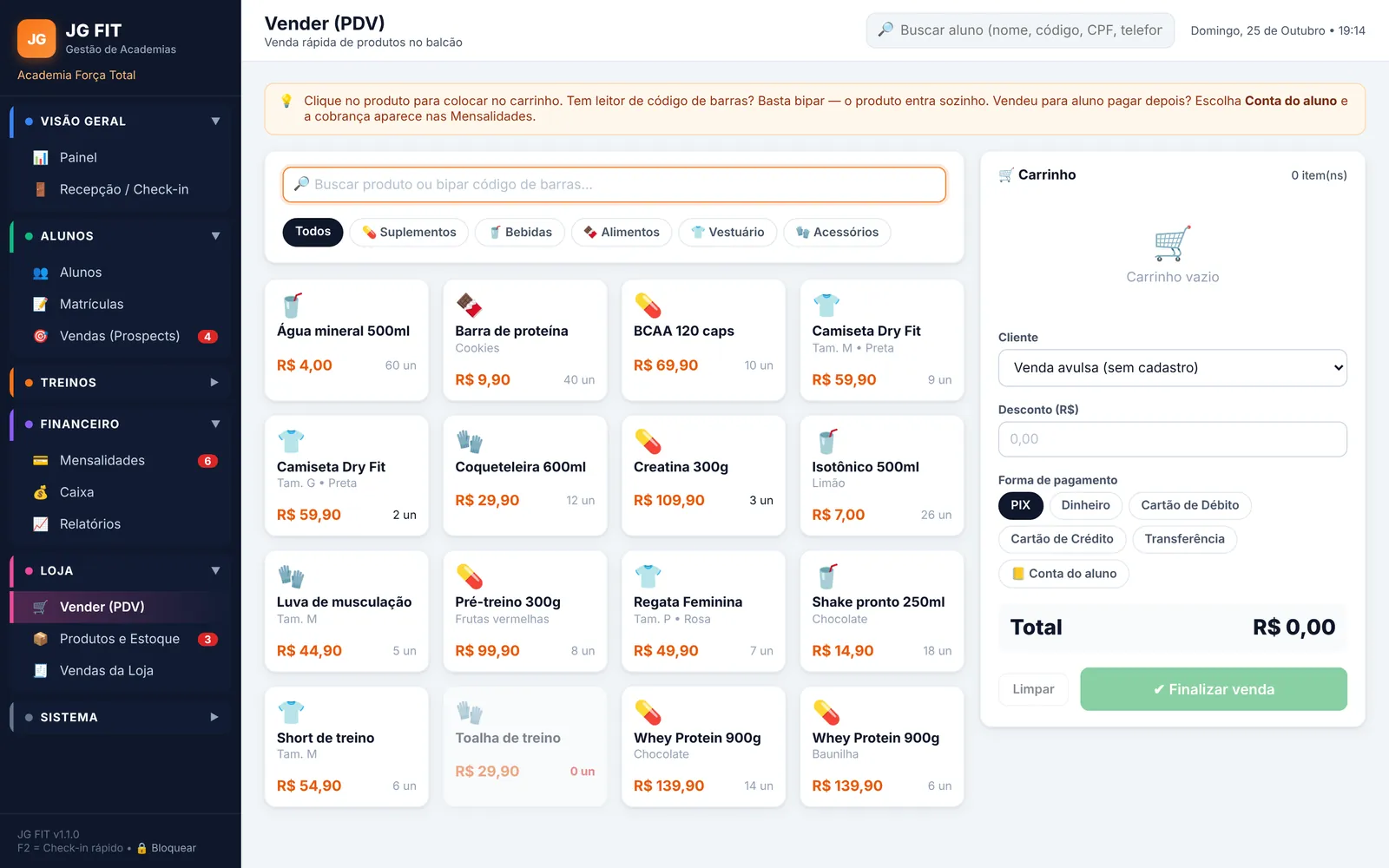 Venda de produtos da loja da academia